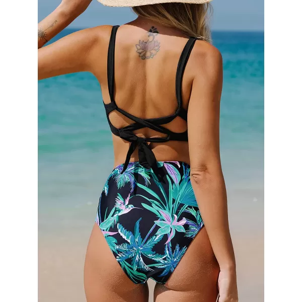 imageCUPSHE Bikini Set for Women Two Piece Swimsuits High Waisted Cut Out Crisscross Back Tie Shirring BottomBlack Green Floral