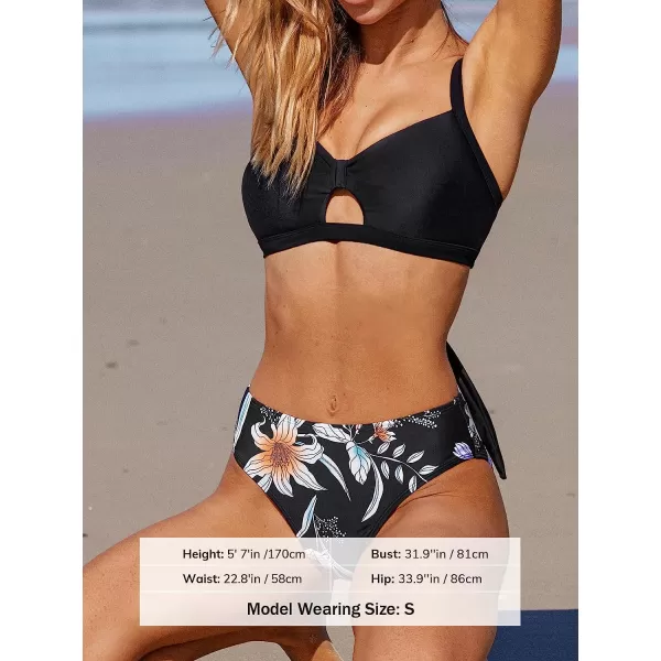imageCUPSHE Bikini Set for Women Two Piece Swimsuits High Waisted Cut Out Crisscross Back Tie Shirring BottomBlack White Floral