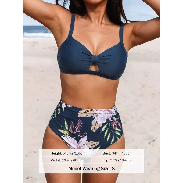 imageCUPSHE Bikini Set for Women Two Piece Swimsuits High Waisted Cut Out Crisscross Back Tie Shirring BottomDark Blue