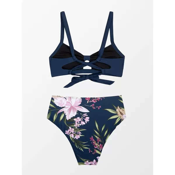 imageCUPSHE Bikini Set for Women Two Piece Swimsuits High Waisted Cut Out Crisscross Back Tie Shirring BottomDark Blue