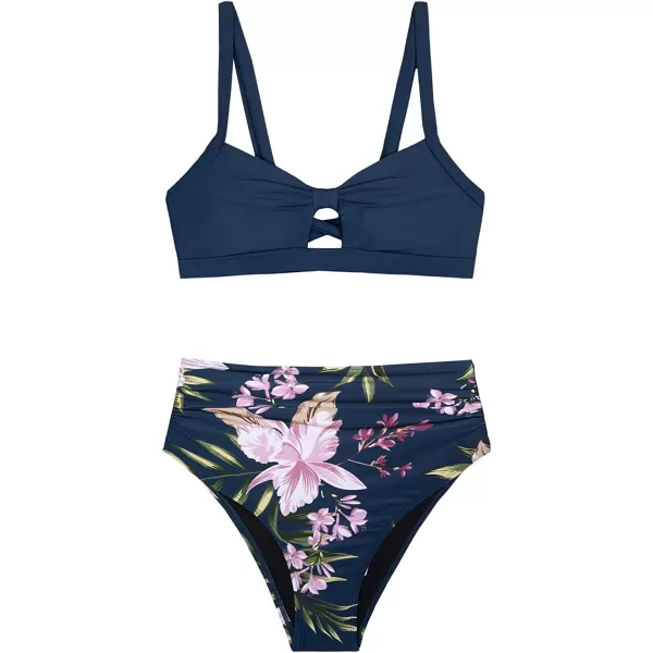 imageCUPSHE Bikini Set for Women Two Piece Swimsuits High Waisted Cut Out Crisscross Back Tie Shirring BottomDark Blue