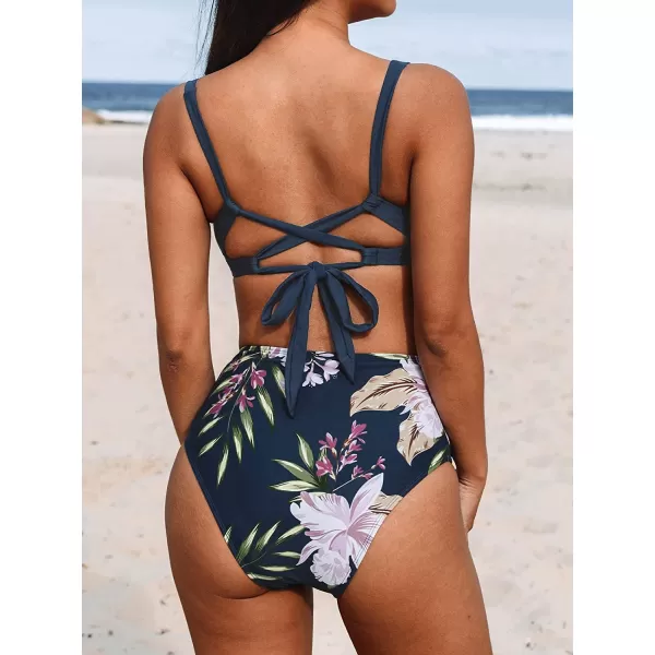 imageCUPSHE Bikini Set for Women Two Piece Swimsuits High Waisted Cut Out Crisscross Back Tie Shirring BottomDark Blue