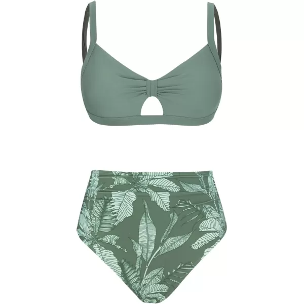 imageCUPSHE Bikini Set for Women Two Piece Swimsuits High Waisted Cut Out Crisscross Back Tie Shirring BottomGreenLeaf