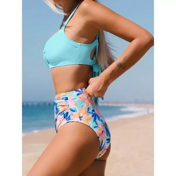 imageCUPSHE Bikini Set for Women Two Piece Swimsuits High Waisted Cut Out Crisscross Back Tie Shirring BottomMulticolored