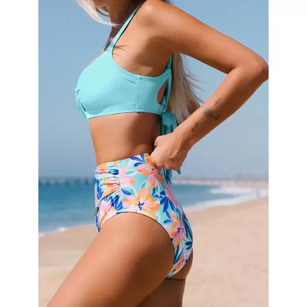 imageCUPSHE Bikini Set for Women Two Piece Swimsuits High Waisted Cut Out Crisscross Back Tie Shirring BottomMulticolored