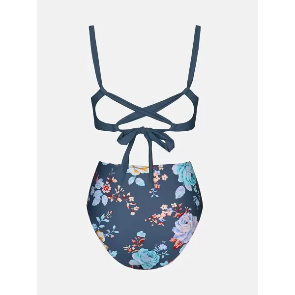 imageCUPSHE Bikini Set for Women Two Piece Swimsuits High Waisted Cut Out Crisscross Back Tie Shirring BottomNavy Blue