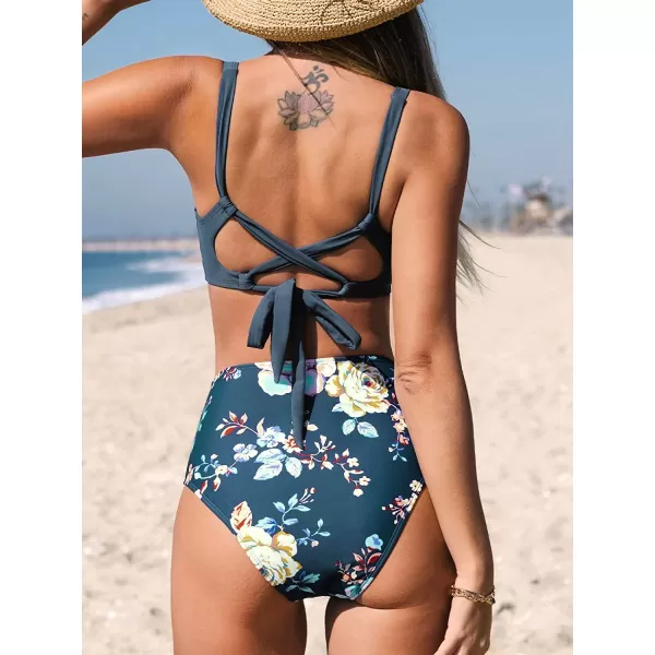 imageCUPSHE Bikini Set for Women Two Piece Swimsuits High Waisted Cut Out Crisscross Back Tie Shirring BottomNavy Blue