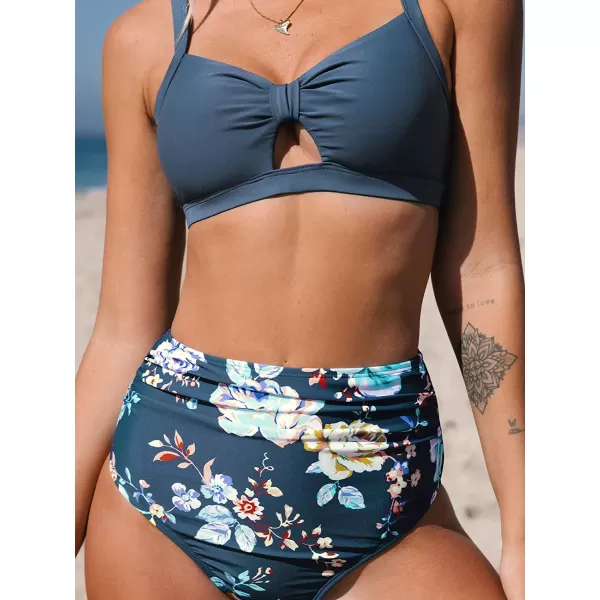 imageCUPSHE Bikini Set for Women Two Piece Swimsuits High Waisted Cut Out Crisscross Back Tie Shirring BottomNavy Blue