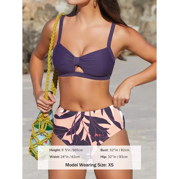 imageCUPSHE Bikini Set for Women Two Piece Swimsuits High Waisted Cut Out Crisscross Back Tie Shirring BottomPurple Pink Floral