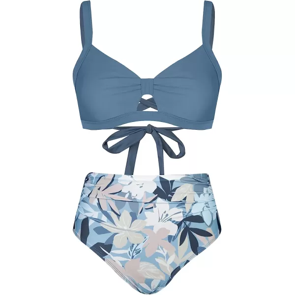 imageCUPSHE Bikini Set for Women Two Piece Swimsuits High Waisted Cut Out Crisscross Back Tie Shirring BottomRoyal Blue