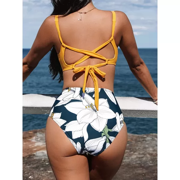 imageCUPSHE Bikini Set for Women Two Piece Swimsuits High Waisted Cut Out Crisscross Back Tie Shirring BottomYellow Floral