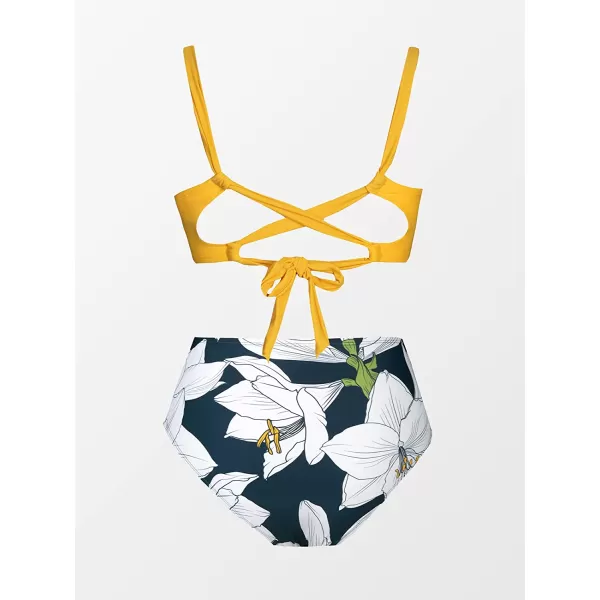 imageCUPSHE Bikini Set for Women Two Piece Swimsuits High Waisted Cut Out Crisscross Back Tie Shirring BottomYellow Floral