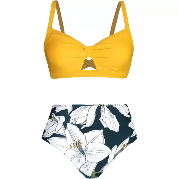 imageCUPSHE Bikini Set for Women Two Piece Swimsuits High Waisted Cut Out Crisscross Back Tie Shirring BottomYellow Floral