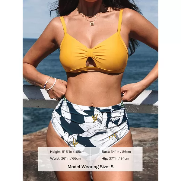 imageCUPSHE Bikini Set for Women Two Piece Swimsuits High Waisted Cut Out Crisscross Back Tie Shirring BottomYellow Floral