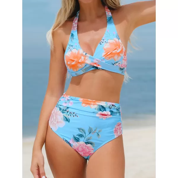 imageCUPSHE Bikini Set for Women Two Piece Swimsuits High Waisted Halter Twist Backless Self TieBlue Floral