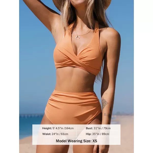 imageCUPSHE Bikini Set for Women Two Piece Swimsuits High Waisted Halter Twist Backless Shirring BottomLight Orange