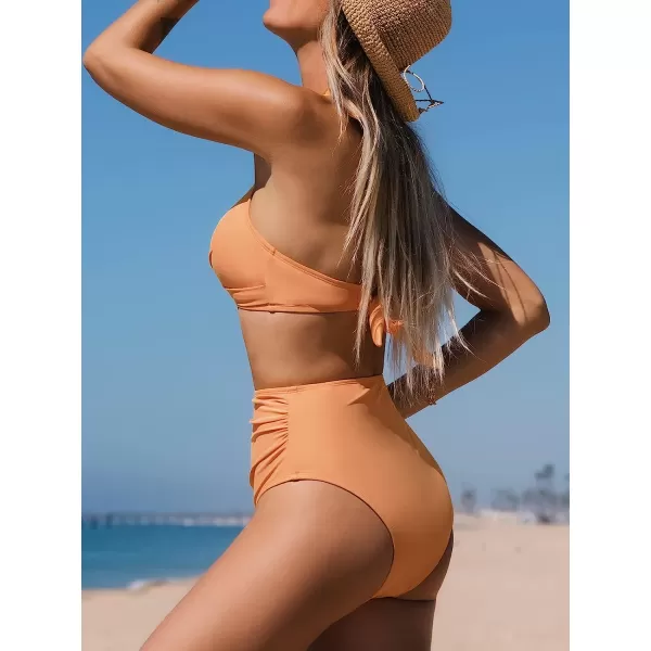 imageCUPSHE Bikini Set for Women Two Piece Swimsuits High Waisted Halter Twist Backless Shirring BottomLight Orange