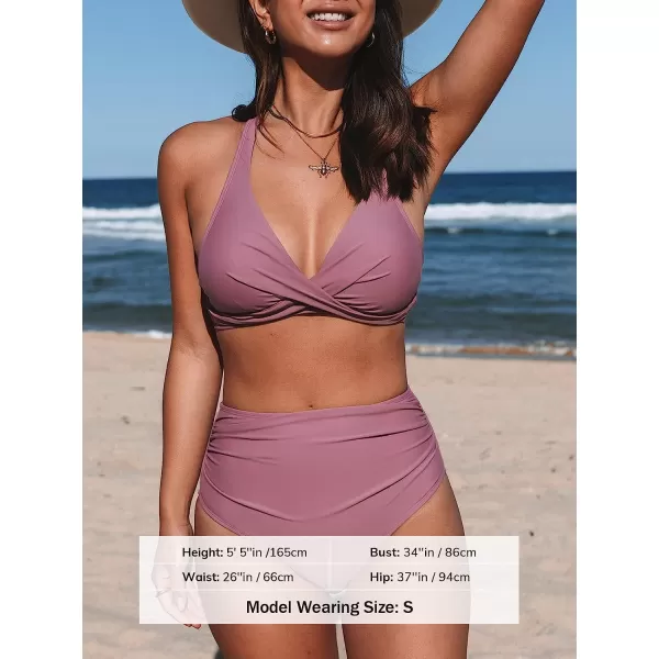 imageCUPSHE Bikini Set for Women Two Piece Swimsuits High Waisted Halter Twist Backless Shirring BottomPeriwinkle Purple