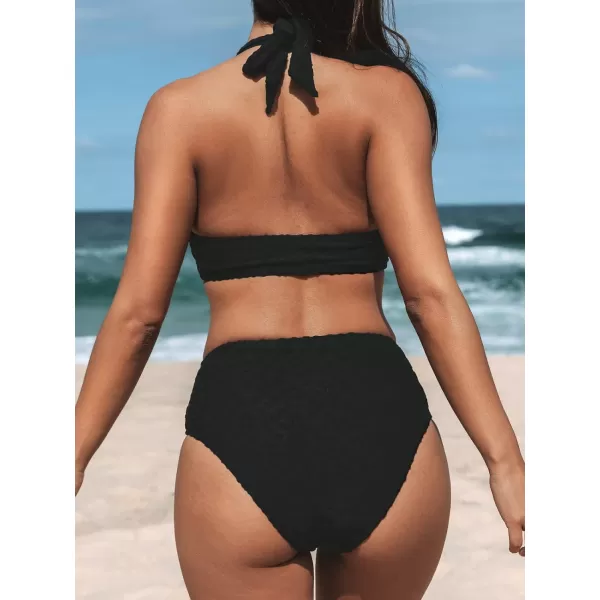imageCUPSHE Bikini Set for Women Two Piece Swimsuits High Waisted Halter V Neck Wide Straps Leopard TextureBlack
