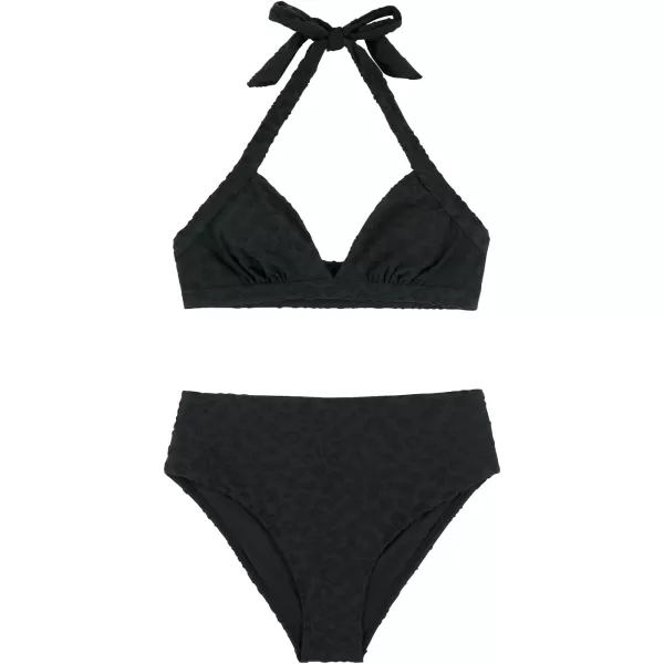 imageCUPSHE Bikini Set for Women Two Piece Swimsuits High Waisted Halter V Neck Wide Straps Leopard TextureBlack