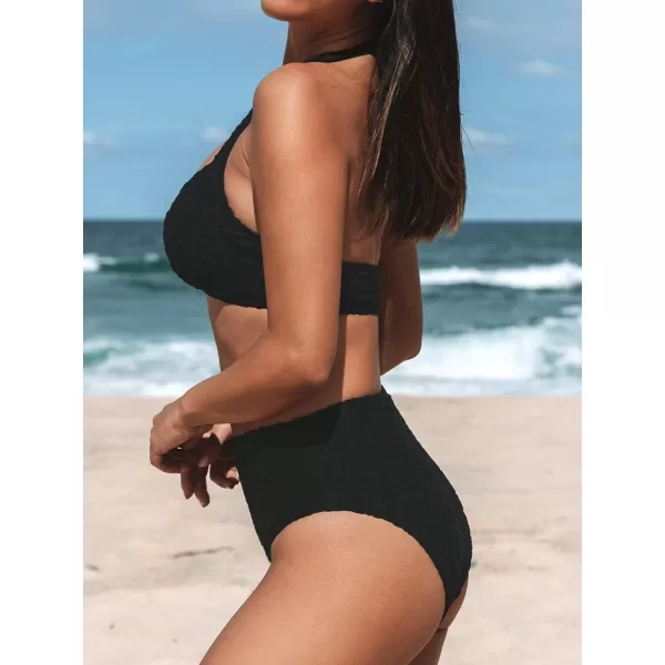 imageCUPSHE Bikini Set for Women Two Piece Swimsuits High Waisted Halter V Neck Wide Straps Leopard TextureBlack
