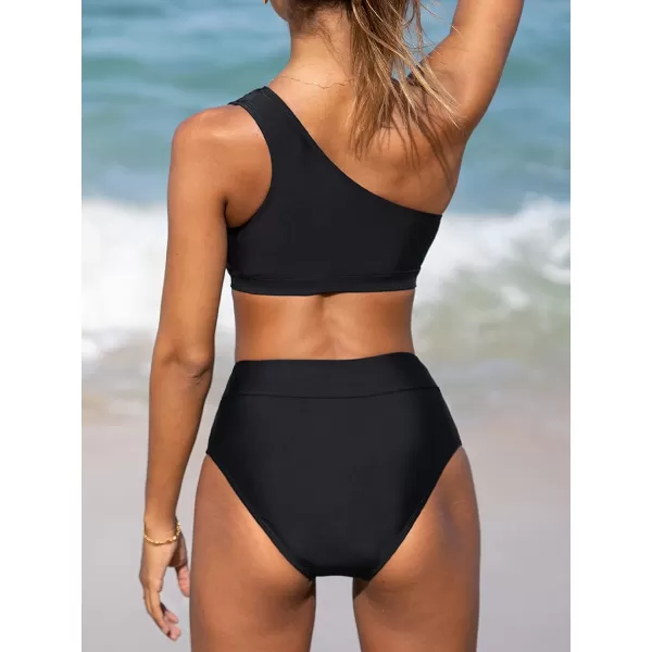 imageCUPSHE Bikini Set for Women Two Piece Swimsuits High Waisted One Shoulder Top Wide Straps MeshBlack