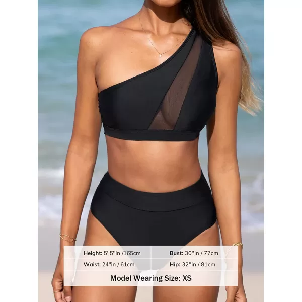 imageCUPSHE Bikini Set for Women Two Piece Swimsuits High Waisted One Shoulder Top Wide Straps MeshBlack