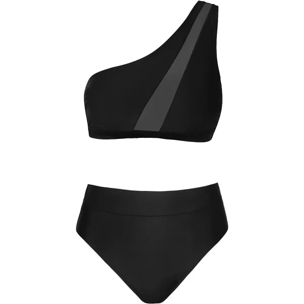 imageCUPSHE Bikini Set for Women Two Piece Swimsuits High Waisted One Shoulder Top Wide Straps MeshBlack