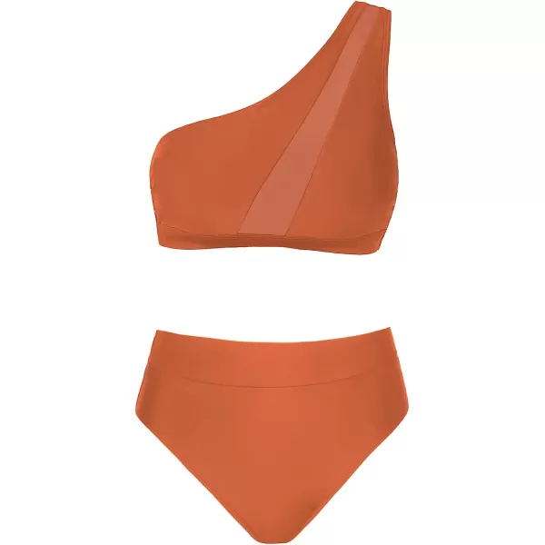 imageCUPSHE Bikini Set for Women Two Piece Swimsuits High Waisted One Shoulder Top Wide Straps MeshCinnamon Brown
