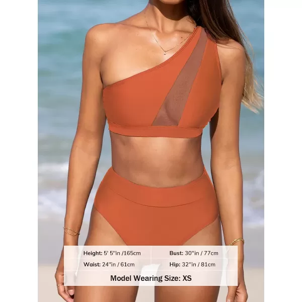 imageCUPSHE Bikini Set for Women Two Piece Swimsuits High Waisted One Shoulder Top Wide Straps MeshCinnamon Brown