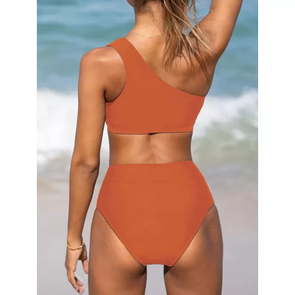 imageCUPSHE Bikini Set for Women Two Piece Swimsuits High Waisted One Shoulder Top Wide Straps MeshCinnamon Brown
