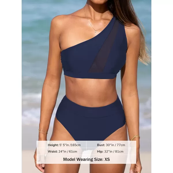 imageCUPSHE Bikini Set for Women Two Piece Swimsuits High Waisted One Shoulder Top Wide Straps MeshNavy Blue