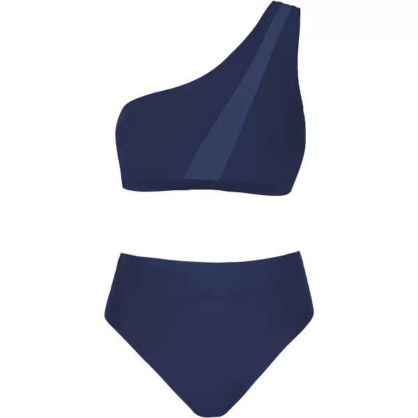 imageCUPSHE Bikini Set for Women Two Piece Swimsuits High Waisted One Shoulder Top Wide Straps MeshNavy Blue