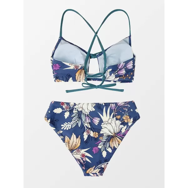 imageCUPSHE Bikini Set for Women Two Piece Swimsuits Tie Front Crisscross Lace Up Reversible Bottom Mid Rise Floral PrintTeal and Floral