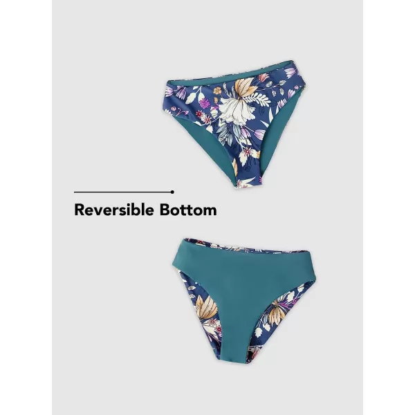 imageCUPSHE Bikini Set for Women Two Piece Swimsuits Tie Front Crisscross Lace Up Reversible Bottom Mid Rise Floral PrintTeal and Floral