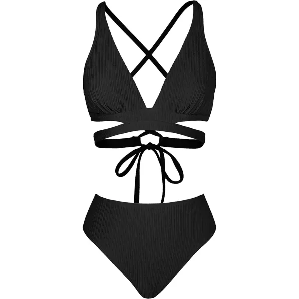 imageCUPSHE Bikini Set for Women Two Piece Swimsuits Triangle Top Mid Rise Crisscross Back Tie Cutout Spaghetti StrapsBlack