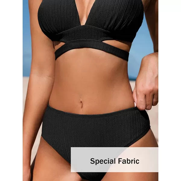 imageCUPSHE Bikini Set for Women Two Piece Swimsuits Triangle Top Mid Rise Crisscross Back Tie Cutout Spaghetti StrapsBlack
