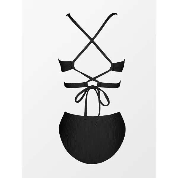 imageCUPSHE Bikini Set for Women Two Piece Swimsuits Triangle Top Mid Rise Crisscross Back Tie Cutout Spaghetti StrapsBlack