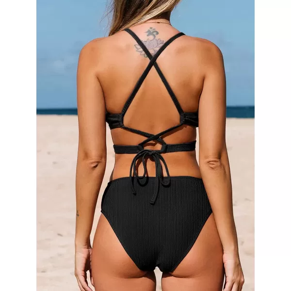 imageCUPSHE Bikini Set for Women Two Piece Swimsuits Triangle Top Mid Rise Crisscross Back Tie Cutout Spaghetti StrapsBlack