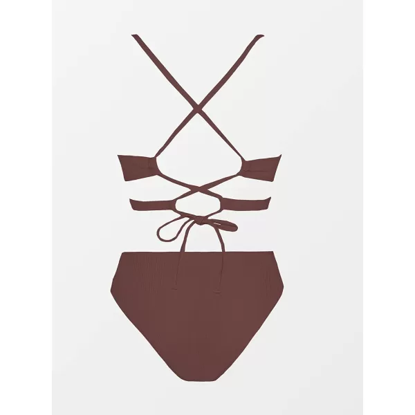 imageCUPSHE Bikini Set for Women Two Piece Swimsuits Triangle Top Mid Rise Crisscross Back Tie Cutout Spaghetti StrapsCoffee Brown