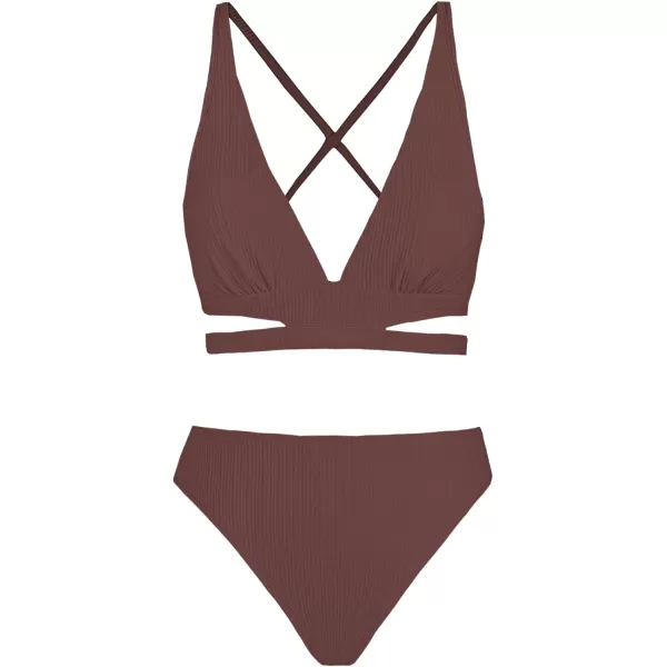 imageCUPSHE Bikini Set for Women Two Piece Swimsuits Triangle Top Mid Rise Crisscross Back Tie Cutout Spaghetti StrapsCoffee Brown