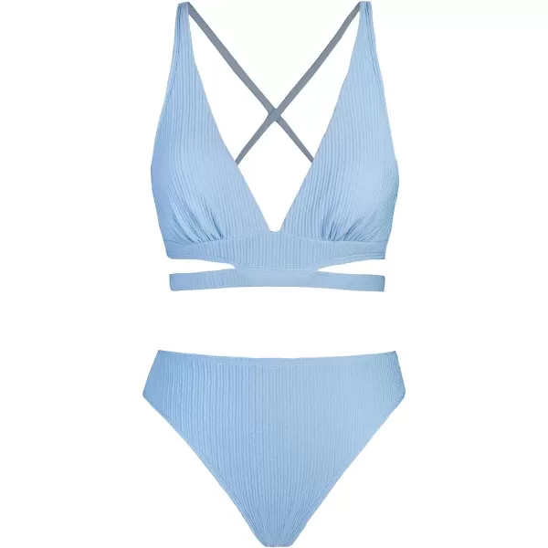 imageCUPSHE Bikini Set for Women Two Piece Swimsuits Triangle Top Mid Rise Crisscross Back Tie Cutout Spaghetti StrapsCornflower Blue