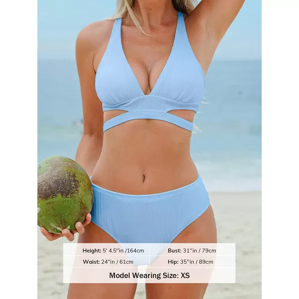 imageCUPSHE Bikini Set for Women Two Piece Swimsuits Triangle Top Mid Rise Crisscross Back Tie Cutout Spaghetti StrapsCornflower Blue