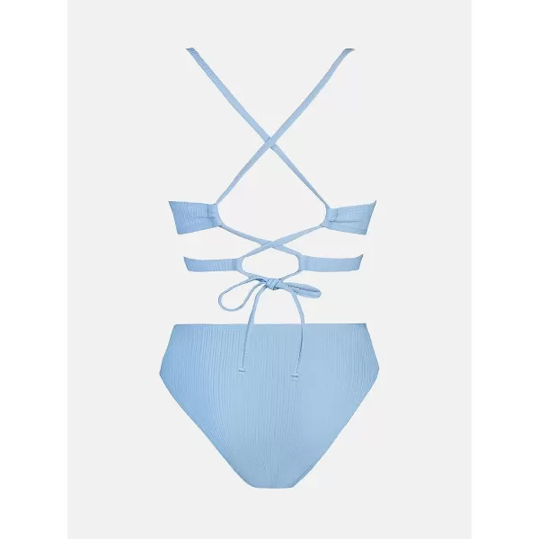 imageCUPSHE Bikini Set for Women Two Piece Swimsuits Triangle Top Mid Rise Crisscross Back Tie Cutout Spaghetti StrapsCornflower Blue