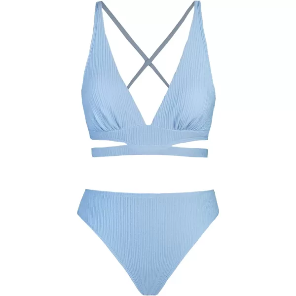 imageCUPSHE Bikini Set for Women Two Piece Swimsuits Triangle Top Mid Rise Crisscross Back Tie Cutout Spaghetti StrapsCornflower Blue