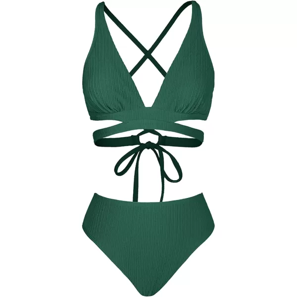 imageCUPSHE Bikini Set for Women Two Piece Swimsuits Triangle Top Mid Rise Crisscross Back Tie Cutout Spaghetti StrapsDarkgreen