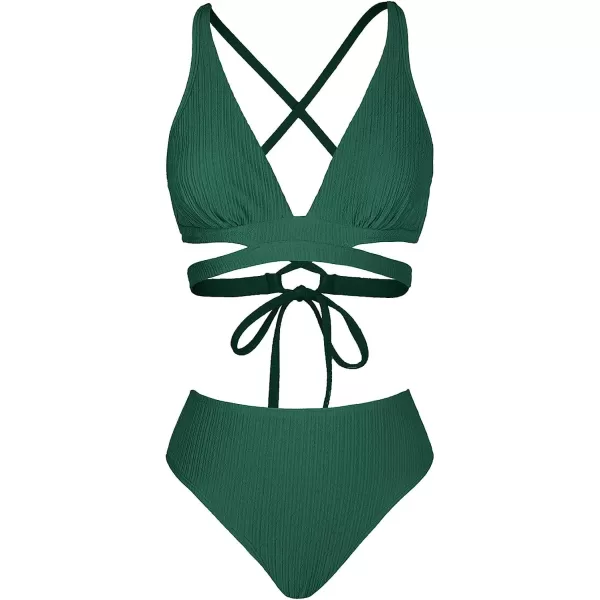 imageCUPSHE Bikini Set for Women Two Piece Swimsuits Triangle Top Mid Rise Crisscross Back Tie Cutout Spaghetti StrapsDarkgreen