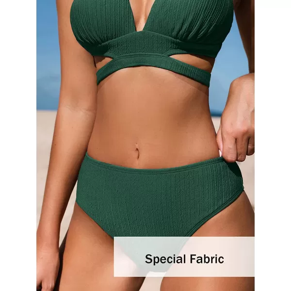imageCUPSHE Bikini Set for Women Two Piece Swimsuits Triangle Top Mid Rise Crisscross Back Tie Cutout Spaghetti StrapsDarkgreen