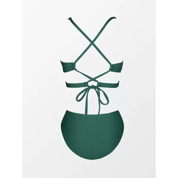 imageCUPSHE Bikini Set for Women Two Piece Swimsuits Triangle Top Mid Rise Crisscross Back Tie Cutout Spaghetti StrapsDarkgreen
