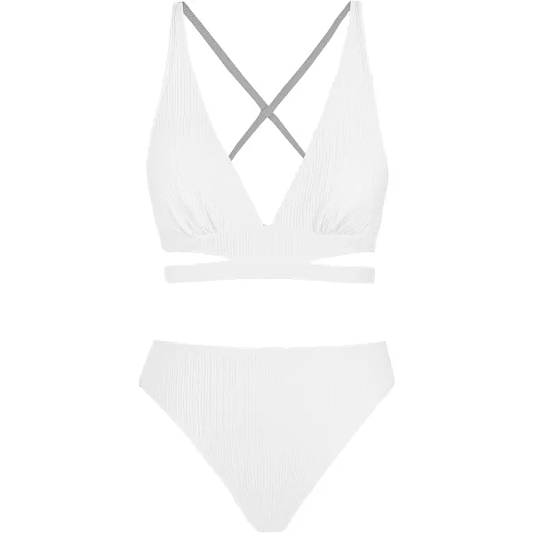 imageCUPSHE Bikini Set for Women Two Piece Swimsuits Triangle Top Mid Rise Crisscross Back Tie Cutout Spaghetti StrapsWhite